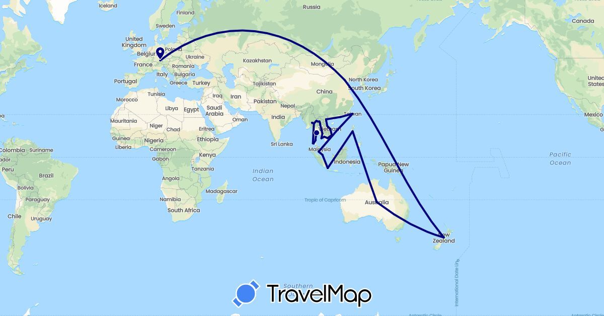 TravelMap itinerary: driving in China, Indonesia, Laos, Malaysia, New Zealand, Philippines, Singapore, Thailand, Taiwan, Vietnam (Asia, Oceania)